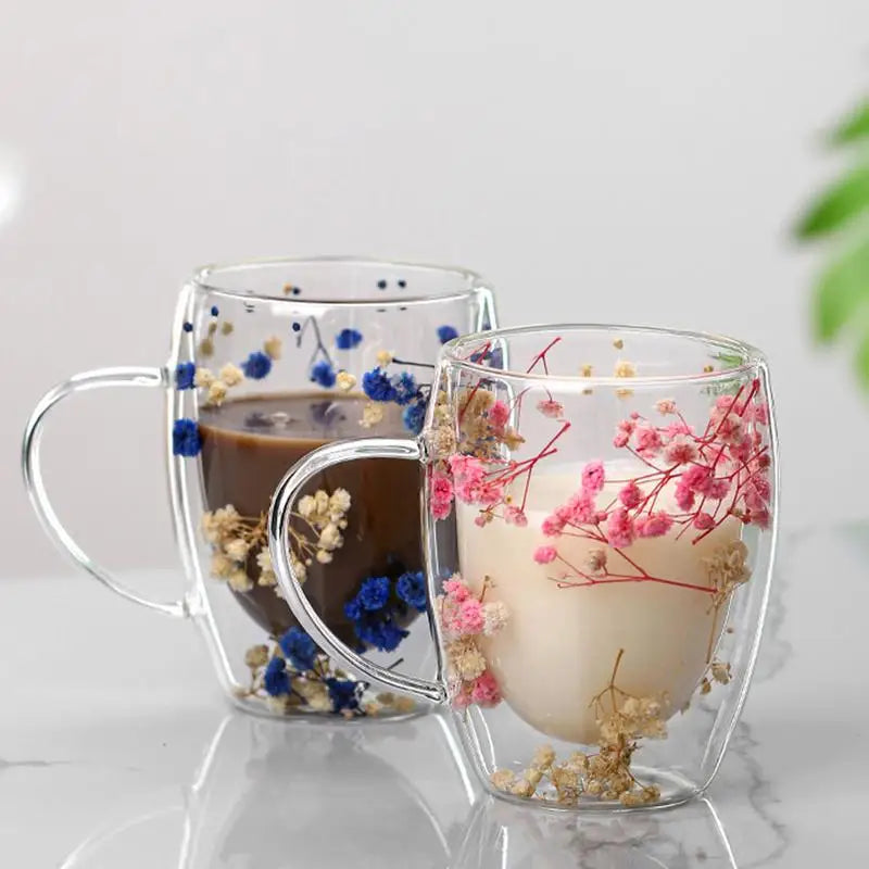 Flower Double Glass High Appearance Level Full Star Dried Flower Milk Coffee Glass Household Cup Supplies