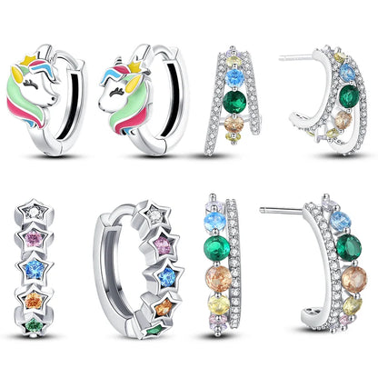 Nataly Silver Fashion Rainbow Pony Earrings For Women Ear Studs Cubic Zircon Colored Star Earrings Silver Nataly Original Jewelry