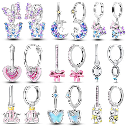 New Earring For Women 925 Silver Sparkling Butterfly Bear Pink Heart Princess Double Hoop Earrings Luxury Party Jewelry