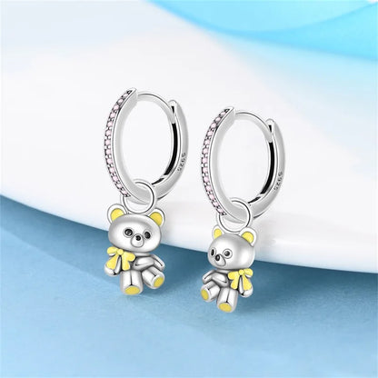 New Earring For Women 925 Silver Sparkling Butterfly Bear Pink Heart Princess Double Hoop Earrings Luxury Party Jewelry