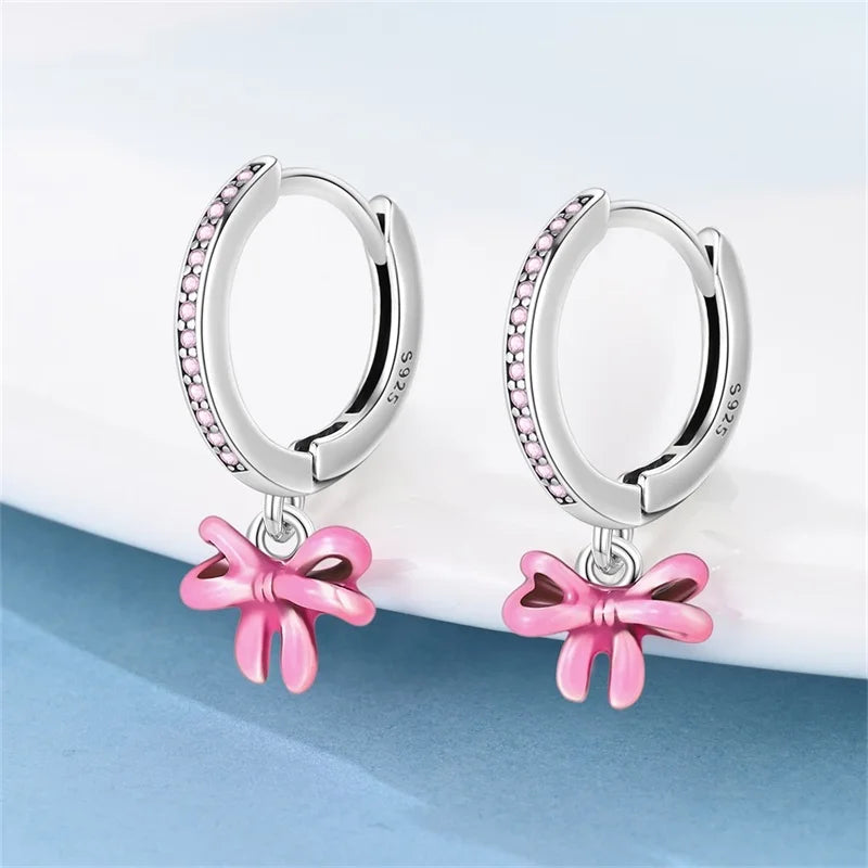 New Earring For Women 925 Silver Sparkling Butterfly Bear Pink Heart Princess Double Hoop Earrings Luxury Party Jewelry