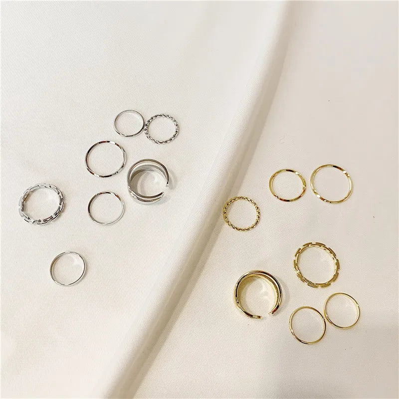 Taniya 7pcs Fashion Jewelry Rings Set Hot Selling Metal Hollow Round Opening Women Finger Ring for Girl Lady Party Wedding Gifts