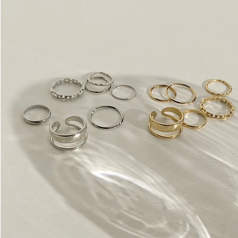 Taniya 7pcs Fashion Jewelry Rings Set Hot Selling Metal Hollow Round Opening Women Finger Ring for Girl Lady Party Wedding Gifts